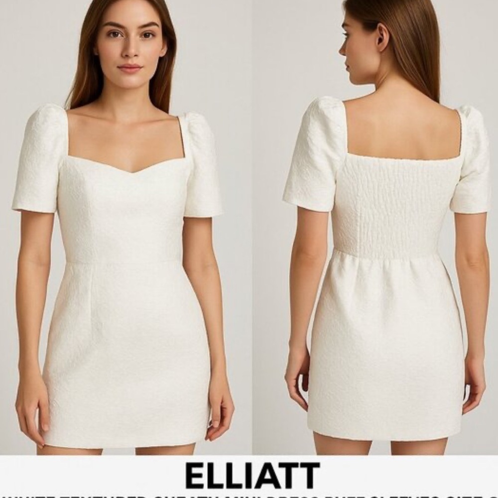 New Elliatt White Textured Sheath Mini Dress Puff Sleeves Square Neck Size Small